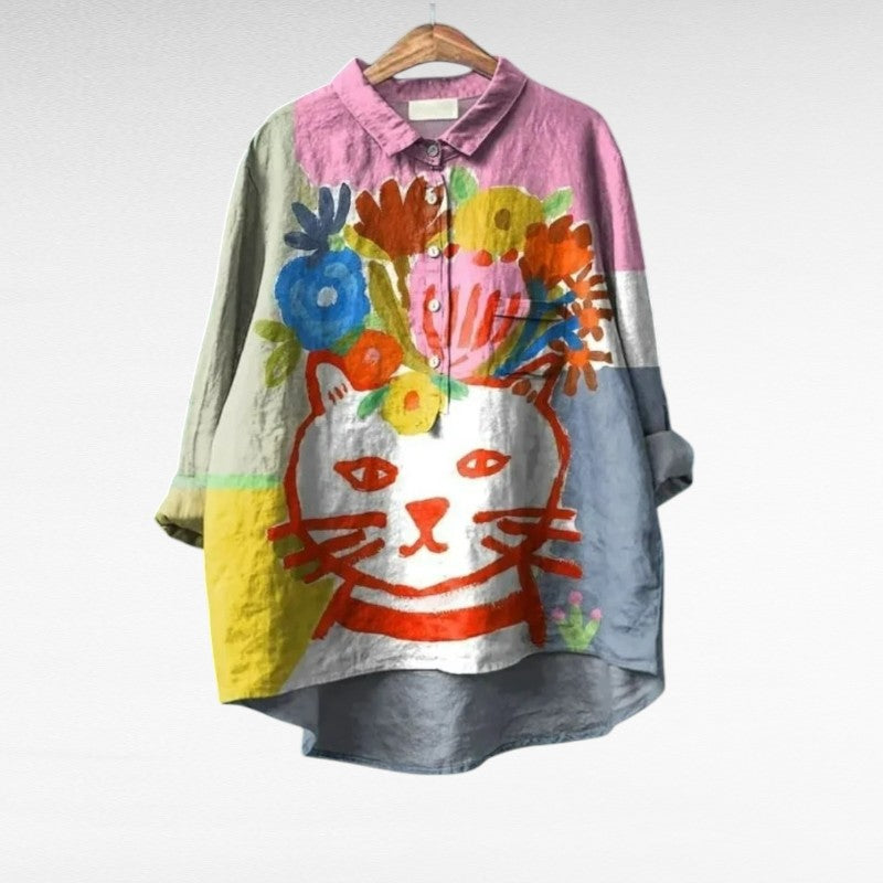Patrice | Stylish Cat Art Floral Blouse