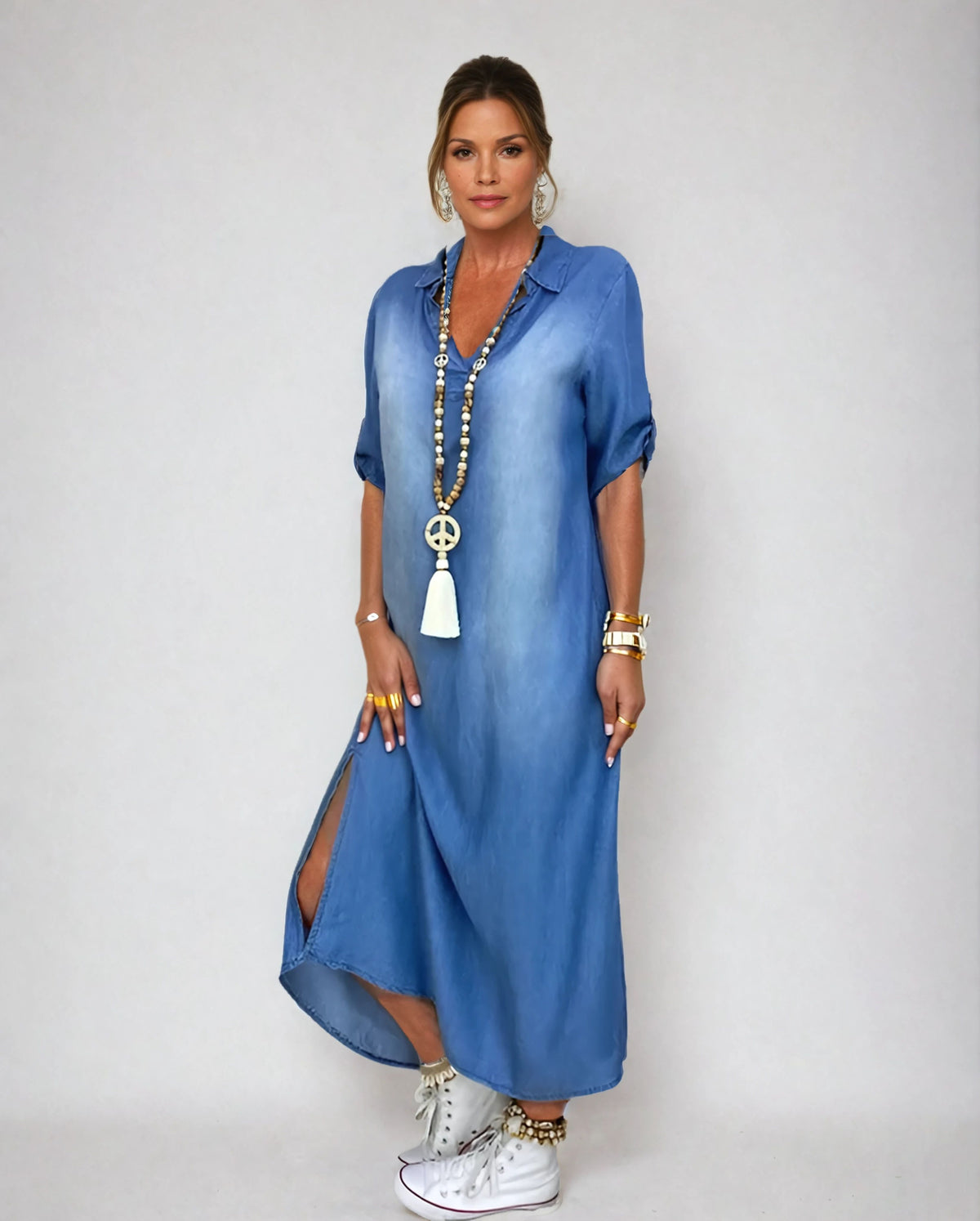 Alliah | Elegant Mid Sleeve V-Neck Plain Dress