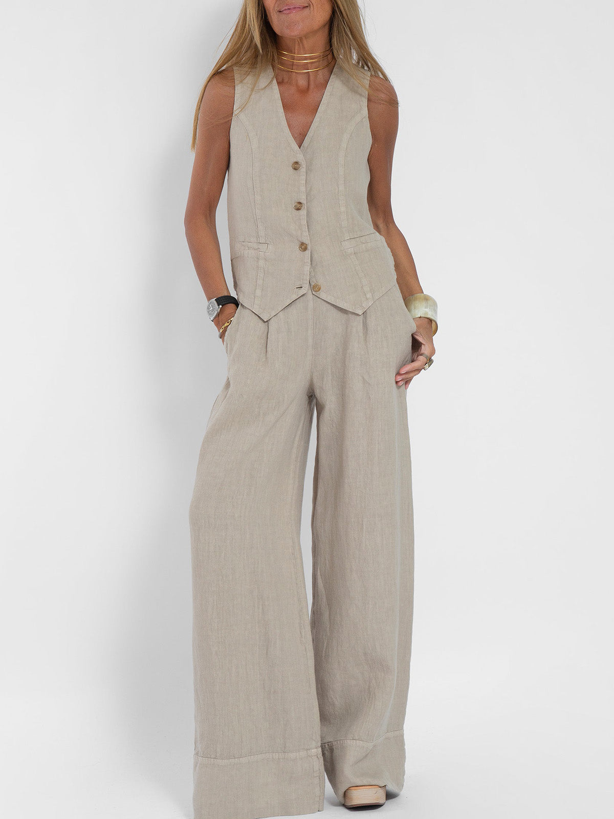 Lauren | Sleeveless V-Neck Vest & Wide-Leg Pants Set
