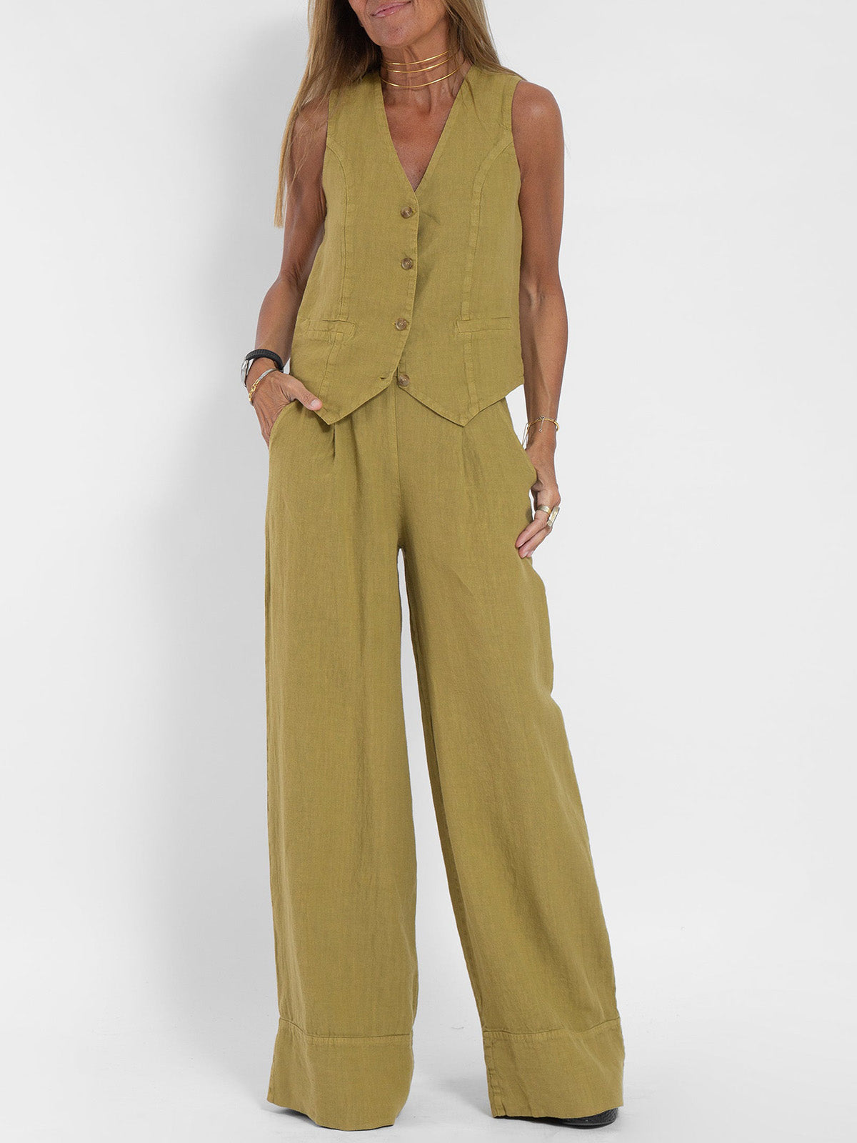 Lauren | Sleeveless V-Neck Vest & Wide-Leg Pants Set
